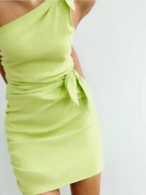 Zara One-Shoulder Lime Green Tie-Detail Dress NWT Large
